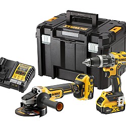 Set 2 scule profesionale pe acumulator 18V Dewalt DCK2080P2T-QW, motor fara perii, masina de gaurit cu percutie DCD796, polizor unghiular DCG405 , 2 x acumulator 5 Ah, incarcator rapid, cutie transport TSTAK