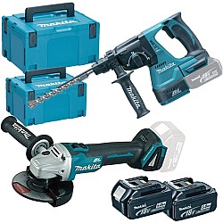 Set 2 scule cu acumulator 18V Makita DLX2125TJ1, polizor DGA504Z, ciocan rotopercutor DHR243, 2 x acumulator 5 Ah, incarcator si valize transport