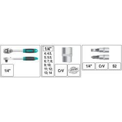 STELS - Trusa chei tubulare si biti cu antrenor de 1/4 inch - 57 piese