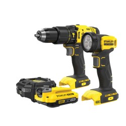 Set 2 scule Stanley FatMax SFMCK210D1-QW masina de gaurit cu percutie, lanterna Led cu acumulator, 1 x 2 ah