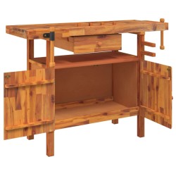 Banc de lucru cu sertar și menghine, 124x52x83 cm, lemn acacia