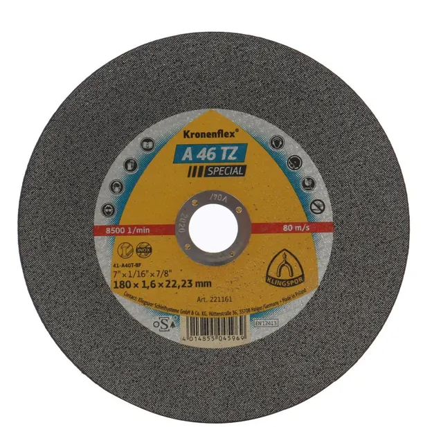 Disc de debitare Kronenflex A46 TZ Special pentru inox si otel, cu autoascutire, 180X1.6X22.23 mm, Klingspor A4618 – KLINGSPOR A4618