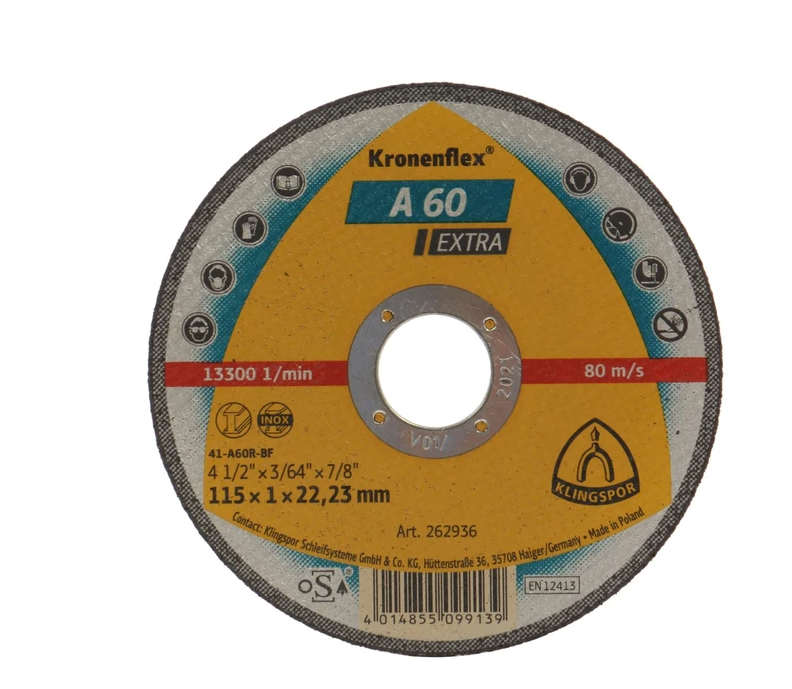 Disc de debitare Kronenflex A60 Extra pentru inox si metal universal, cu bavuri reduse, 115X1X22.23 mm, Klingspor A60115 – KLINGSPOR A60115