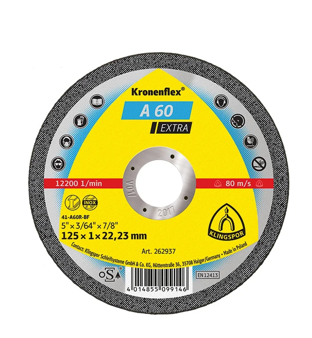 Disc de debitare Kronenflex A60 Extra pentru inox si metal universal, cu bavuri reduse, 125X1X22.23 mm, Klingspor A60125 – KLINGSPOR A60125