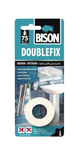 Bison DF1519 – BISON Double Fix banda dublu adeziva pentru interior 75kg/roll 1,5mx19mm BL BISON Double Fix banda dublu adeziva pentru interior 75kg/roll 1,5mx19mm BL – Bison DF1519