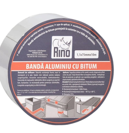 Rino BB1115 – RINO Banda aluminiu cu bitum 1,1mmx150mmx10m RINO Banda aluminiu cu bitum 1,1mmx150mmx10m – Rino BB1115