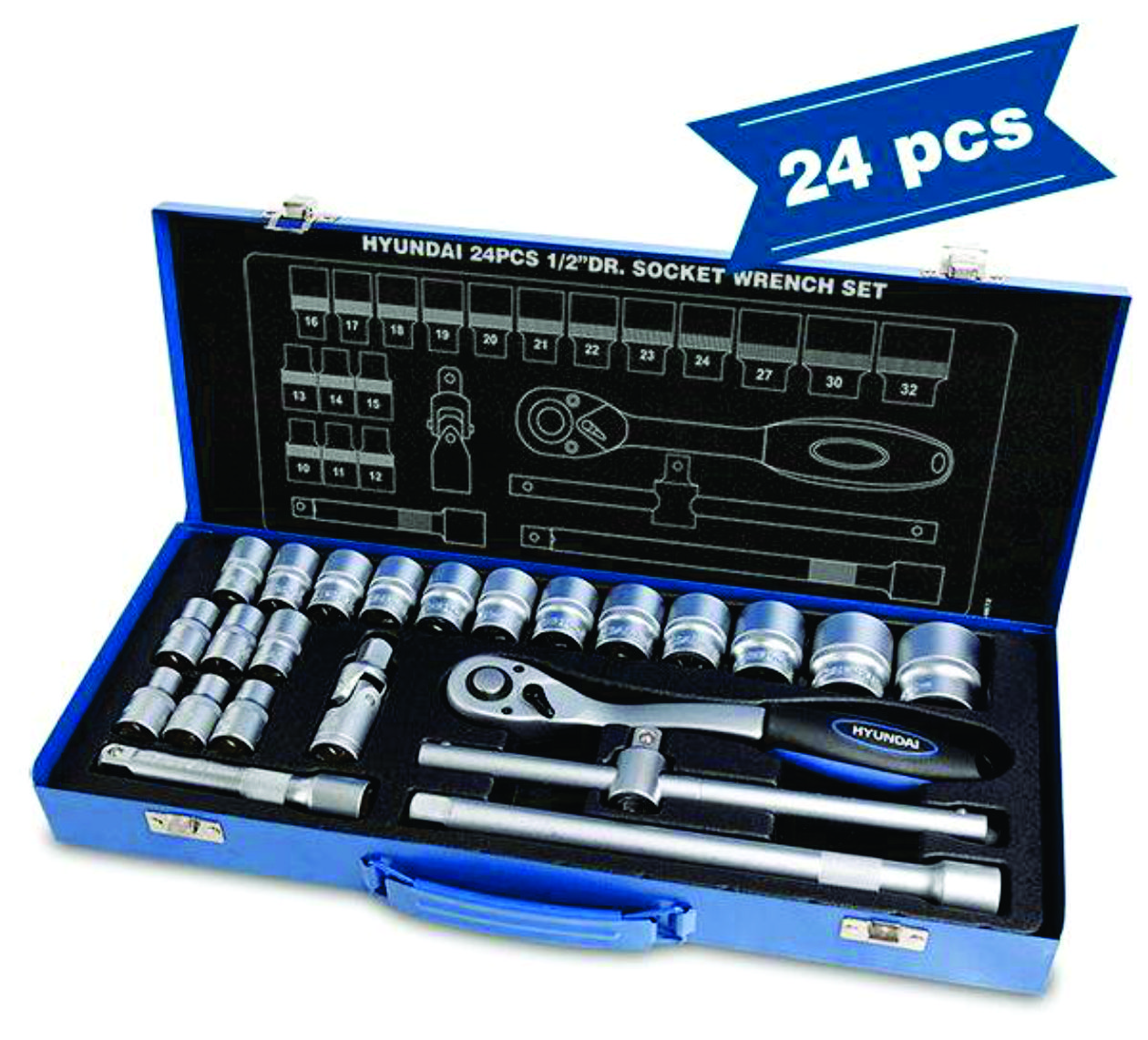 HY-59672 | Hyundai | Set 24 chei tubulare 1/2 HYUNDAI HY-59672 Set 24 chei tubulare 1/2 HYUNDAI HY-59672