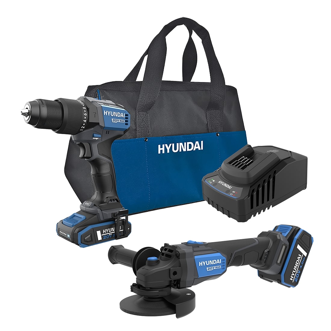 Set masina de gaurit si insurubat brushless cu percutie Hyundai HD20X-60 + polizor unghiular brushless Hyundai AG20X-115 – Hyundai S02-FTB