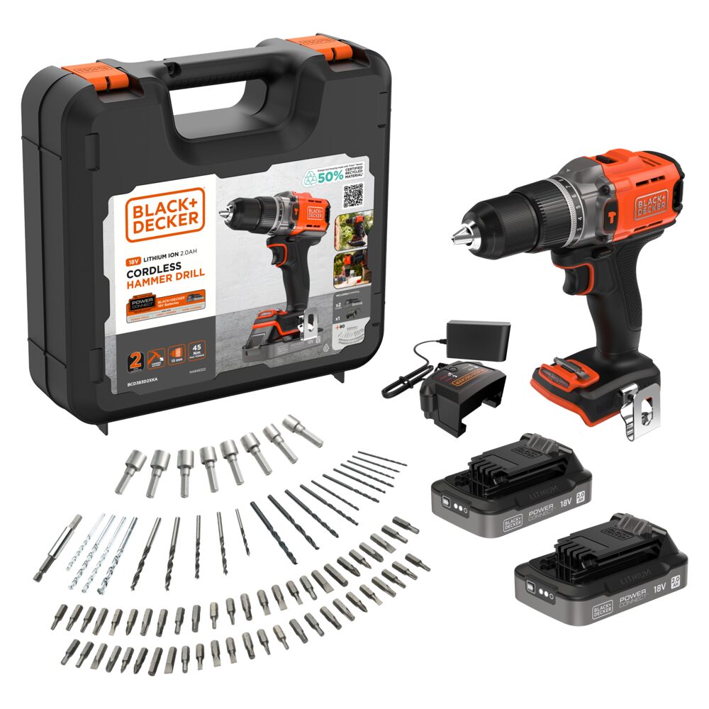 Black& Decker BCD383D2XKA-QW – Masina de gaurit si insurubat cu percutie cu acumulator 18V Black Decker BCD383D2XKA-QW, cuplu 45 Nm, 13 mm mandrina, 2 acumulatori x 2.0 Ah, incarcator, cutie depozitare plastic si 80 accesorii Masina de gaurit si insurubat cu percutie cu acumulator 18V Black Decker BCD383D2XKA-QW, cuplu 45 Nm, 13 mm mandrina, 2 acumulatori x 2.0 Ah, incarcator, cutie depozitare plastic si 80 accesorii – Black& Decker BCD383D2XKA-QW