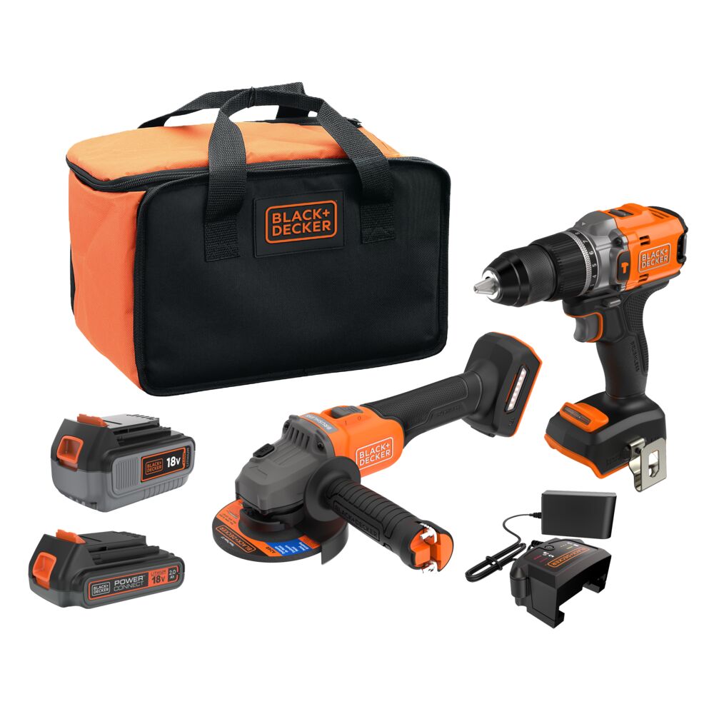 Set scule cu acumulator 18V Black Decker BCK24D1M1SB-QW, polizor unghiular 125mm BCG720 + masina de gaurit si insurubat cu percutie BCD700, 2 acumulatori 2.0 Ah si 4.0 Ah, geanta transport – Black& Decker BCK24D1M1SB-QW