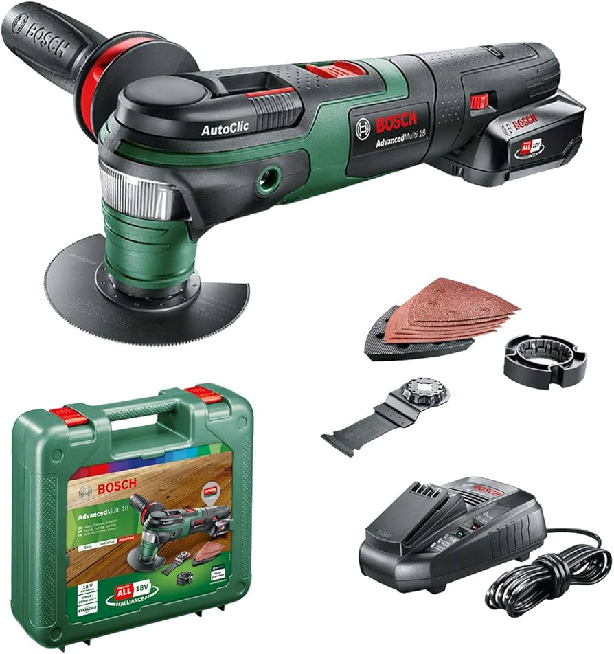 Unealta multifunctionala oscilanta cu acumulator 18V Bosch Advanced Multi 18, livrata cu accesorii, 1 x acumulator 18V PBA 2.5 Ah si valiza transport – Bosch 0603104001