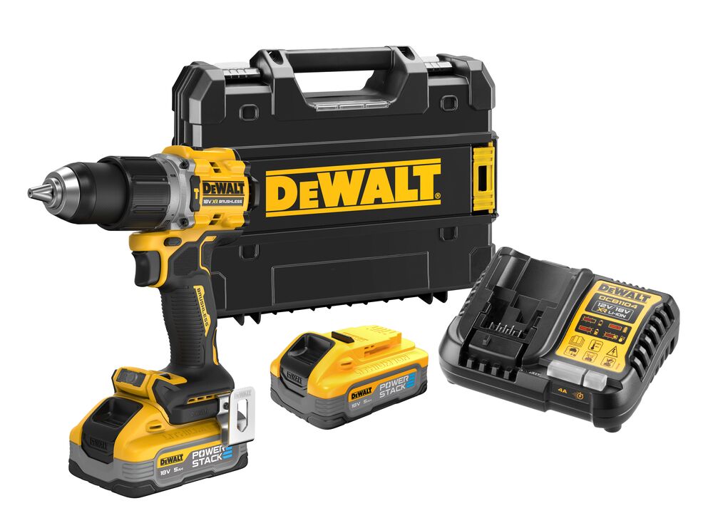 Masina de gaurit si insurubat cu acumulator 18V PowerStack Dewalt DCD805H2T-QW, motor fara perii, cuplu 90 Nm, 2 x acumulator 5.0 Ah, incarcator si valiza transport