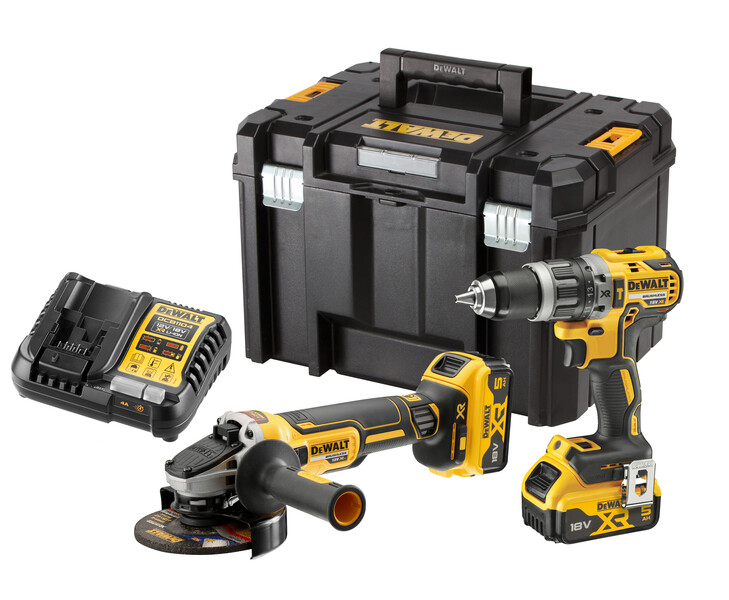 Set 2 scule profesionale pe acumulator 18V Dewalt DCK2080P2T-QW, motor fara perii, masina de gaurit cu percutie DCD796, polizor unghiular DCG405 , 2 x acumulator 5 Ah, incarcator rapid, cutie transport TSTAK – DeWalt DCK2080P2T-QW