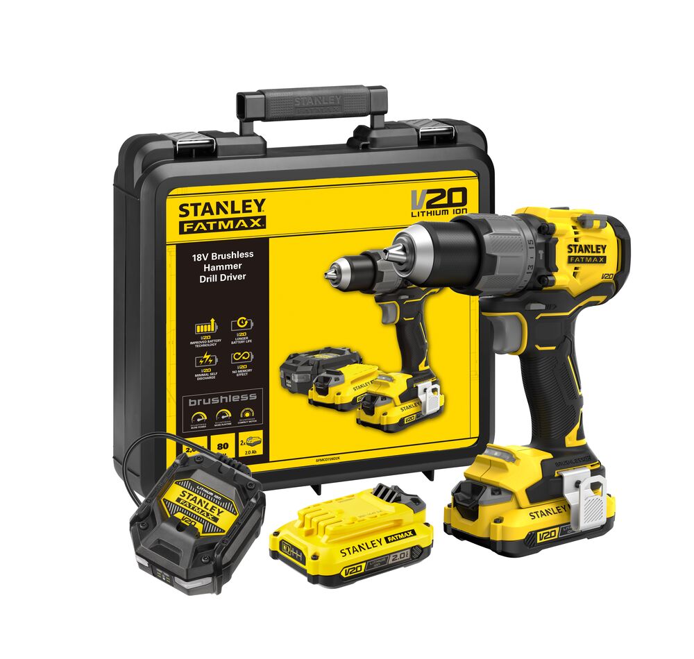 Masina de gaurit si insurubat cu percutie cu acumulator 18V Stanley SFMCD726D2K-QW, motor fara perii, mandrina metalica, iluminare LED, 80nM, 2 x acumulator 2.0 Ah, incarcator si valiza transport – STANLEY SFMCD726D2K-QW