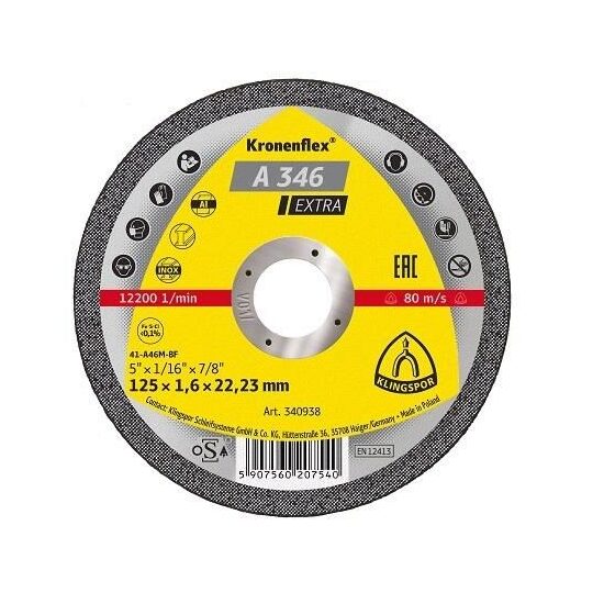 Disc de tăiere KLINGSPOR A 346 Extra, plat, pentru inox, oțel, aluminiu, 125mmx1,6mm – KLINGSPOR A346125