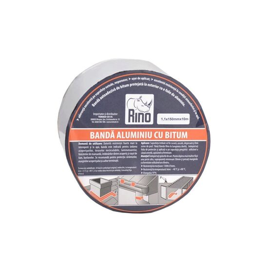 Rino BB1115 – Bandă de etanșare din aluminiu cu bitum RINO, 1mmx150mmx10m Bandă de etanșare din aluminiu cu bitum RINO, 1mmx150mmx10m – Rino BB1115